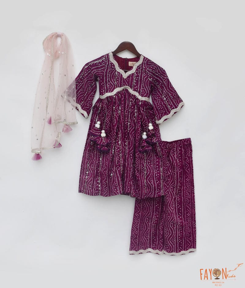 Manufactured by FAYON KIDS (Noida, U.P) Purple Bandhaj Kurti with Pant for Girls