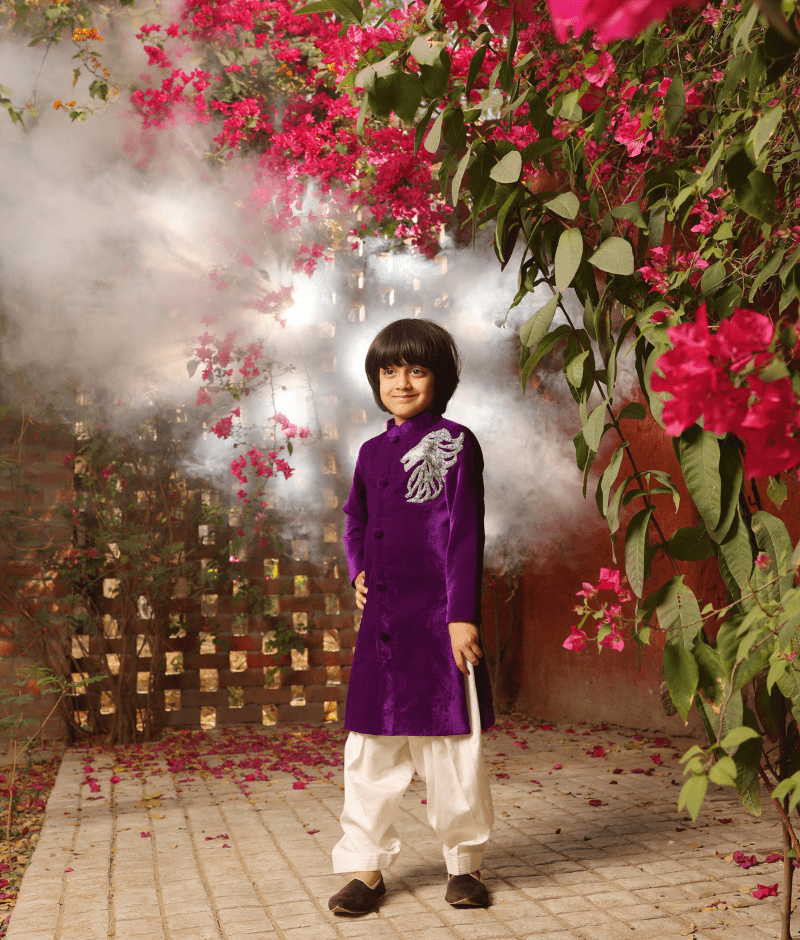 Manufactured by FAYON KIDS (Noida, U.P) Purple Embroidered Shaerwani