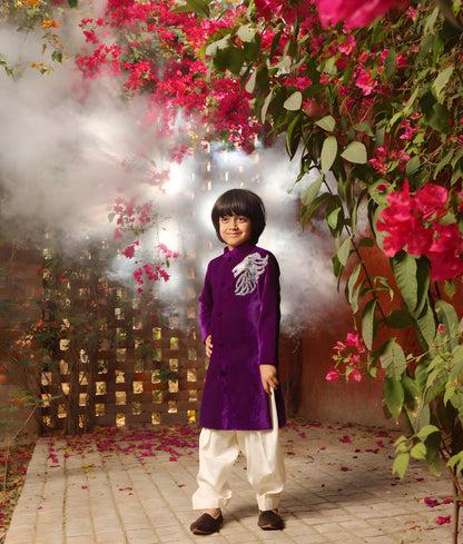 Manufactured by FAYON KIDS (Noida, U.P) Purple Embroidered Sherwani