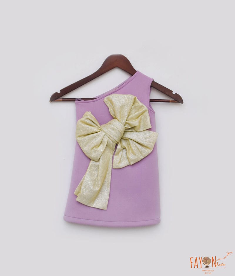 Manufactured by FAYON KIDS (Noida, U.P) Purple Lycra Dress with Gold Shimmer Bow for Girls