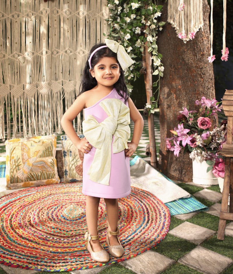 Manufactured by FAYON KIDS (Noida, U.P) Purple Lycra Dress with Gold Shimmer Bow for Girls