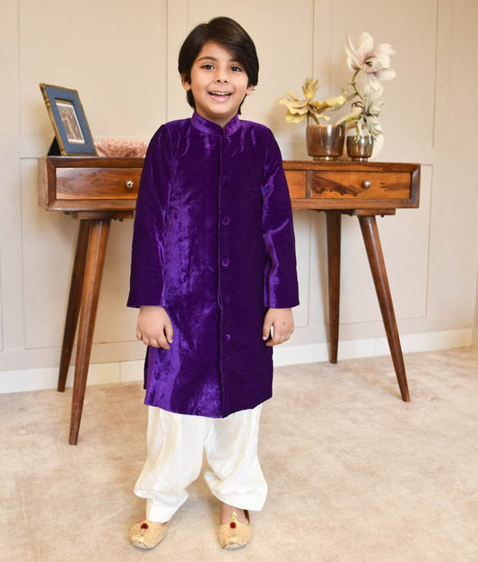 Manufactured by FAYON KIDS (Noida, U.P) Purple Velvet Achkan for Boys