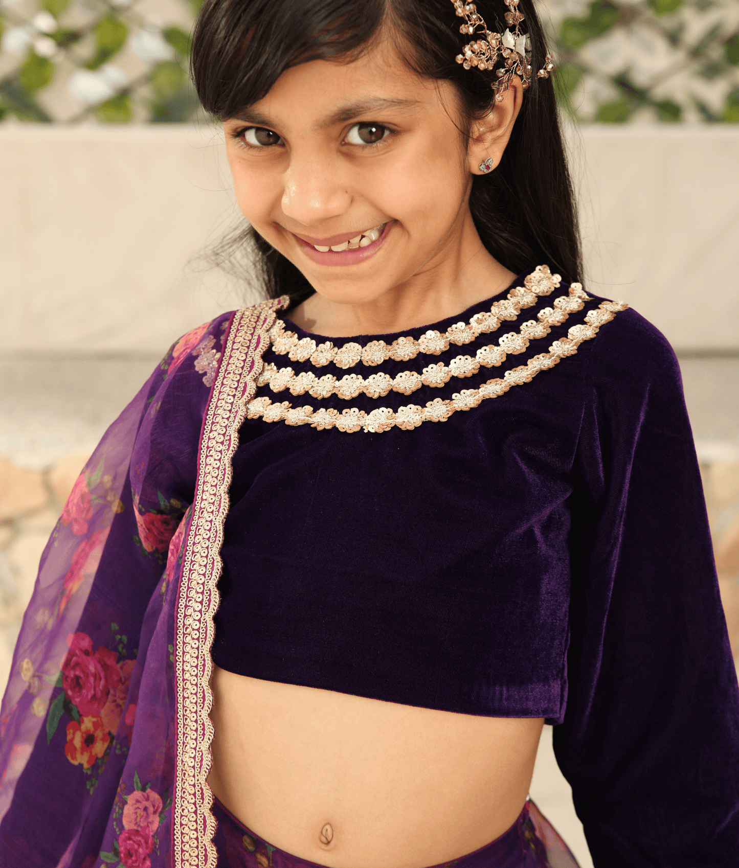 Manufactured by FAYON KIDS (Noida, U.P) Purple Velvet Choli with Printed Lehenga  for Girls