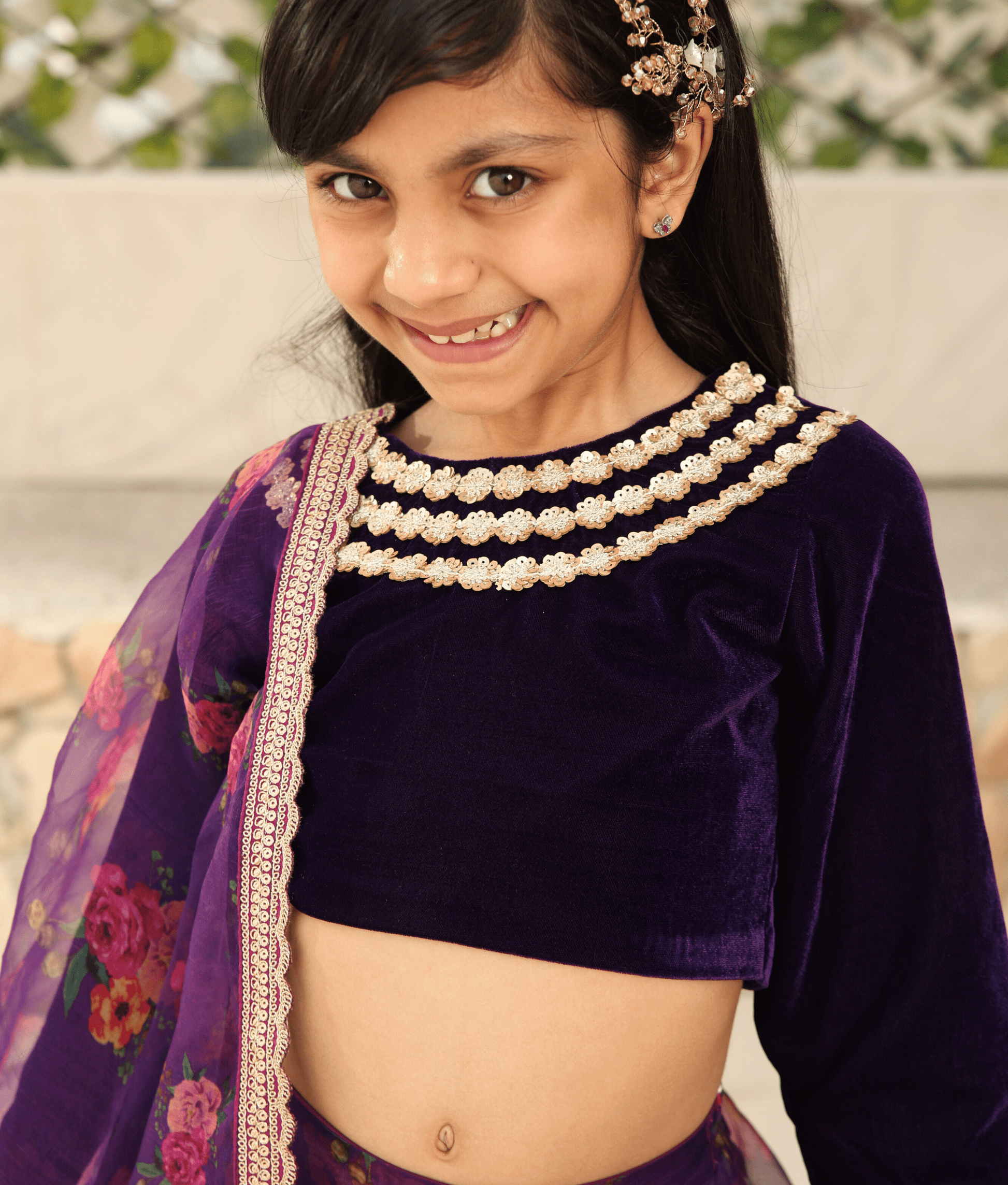 Manufactured by FAYON KIDS (Noida, U.P) Purple Velvet Choli with Printed Lehenga  for Girls