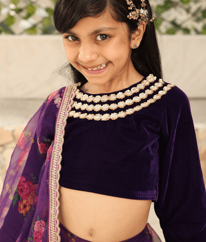 Manufactured by FAYON KIDS (Noida, U.P) Purple Velvet Choli with Printed Lehenga  for Girls