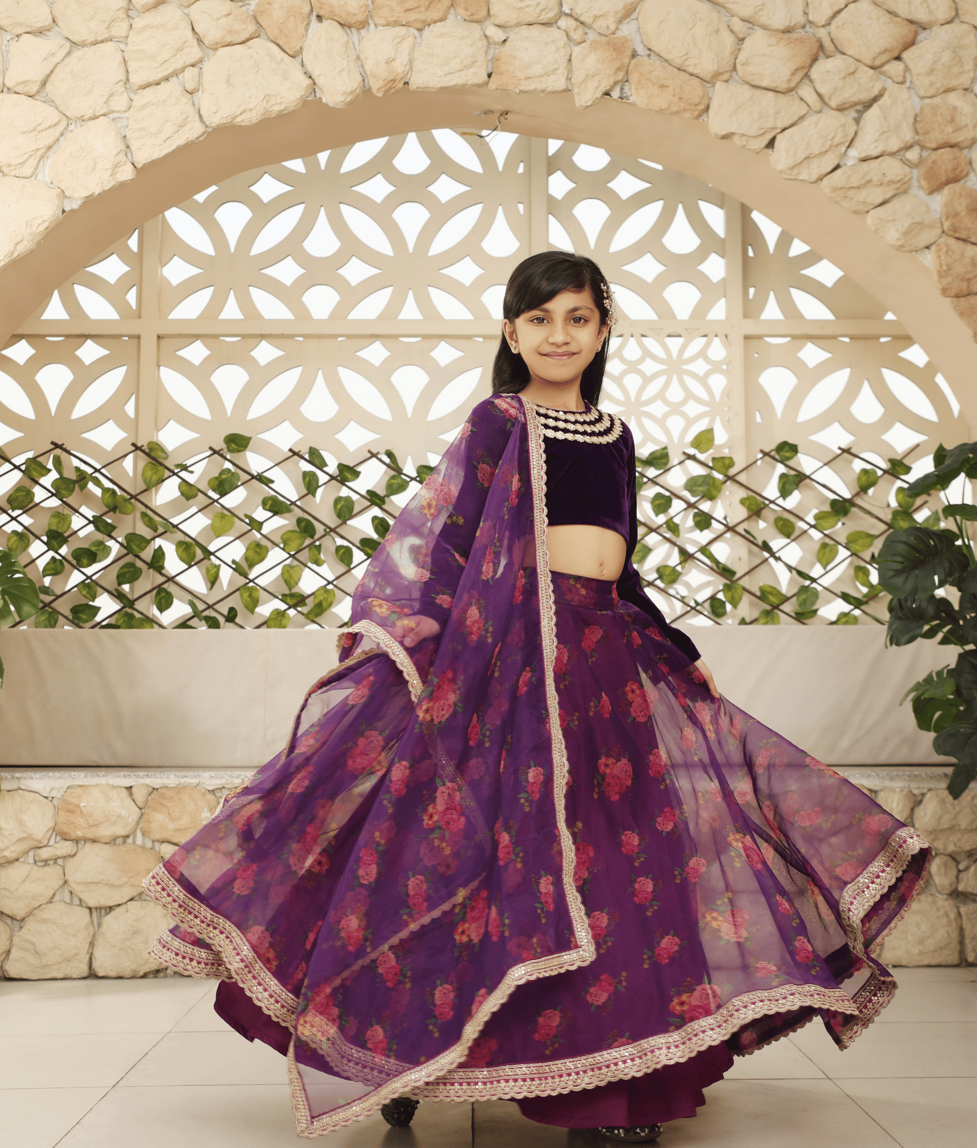 Manufactured by FAYON KIDS (Noida, U.P) Purple Velvet Choli with Printed Lehenga  for Girls