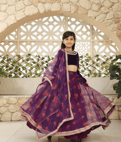 Manufactured by FAYON KIDS (Noida, U.P) Purple Velvet Choli with Printed Lehenga  for Girls