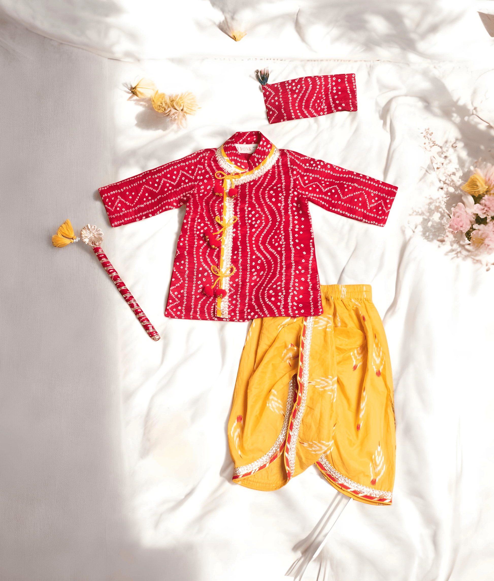 Manufactured by FAYON KIDS (Noida, U.P) Red Bandhej Kurta with Dhoti