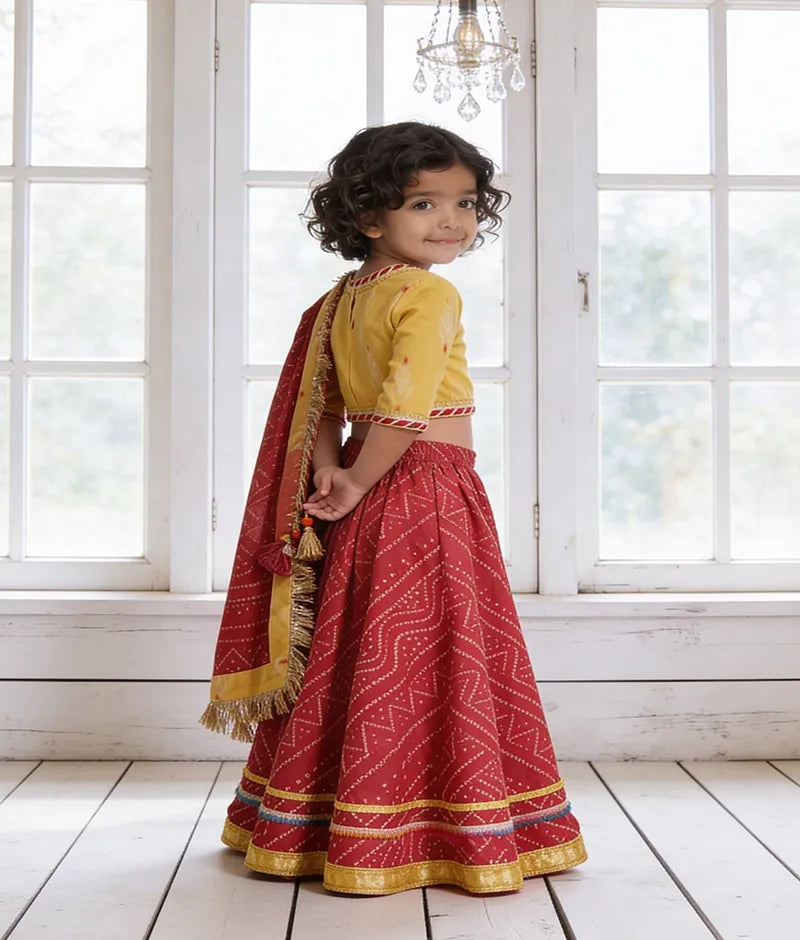 Manufactured by FAYON KIDS (Noida, U.P) Red Bandhej Lehenga Set