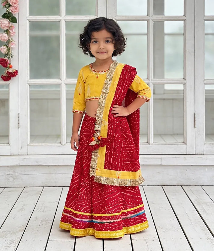 Manufactured by FAYON KIDS (Noida, U.P) Red Bandhej Lehenga Set