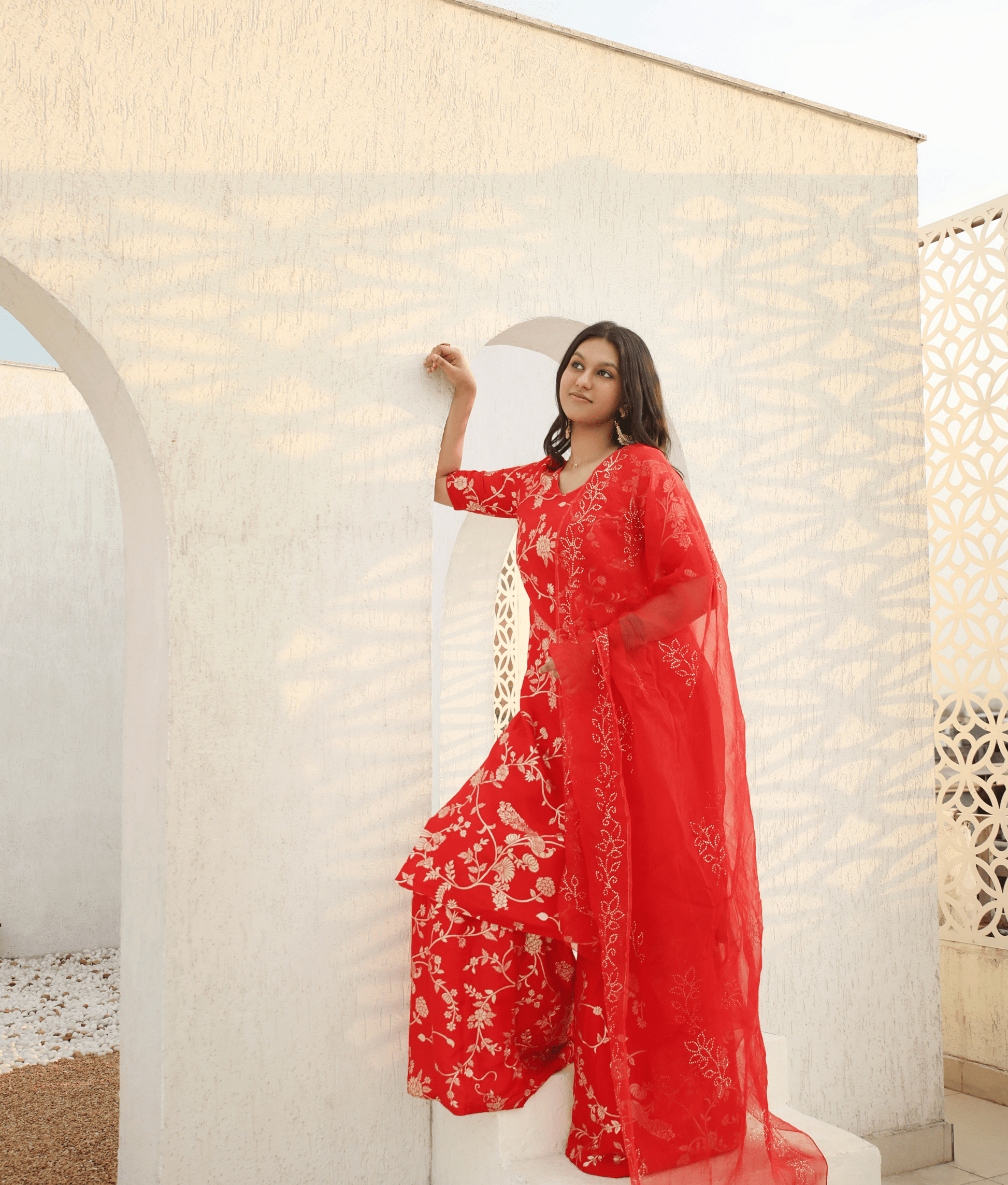 Manufactured by FAYON KIDS (Noida, U.P) Red Brocade Kurti Sharara Set