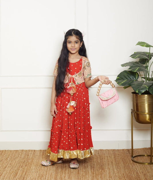 Manufactured by FAYON KIDS (Noida, U.P) Red Crinkle Anarkali with Jacket for Girls