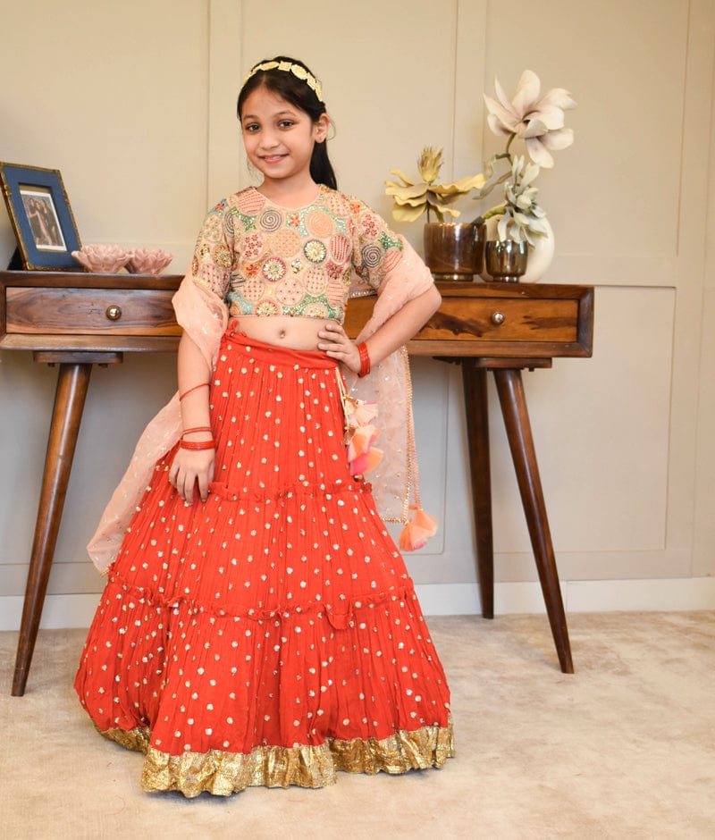 Manufactured by FAYON KIDS (Noida, U.P) Red Crinkle Lehenga Set