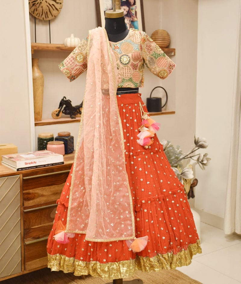 Manufactured by FAYON KIDS (Noida, U.P) Red Crinkle Lehenga Set