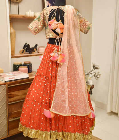 Manufactured by FAYON KIDS (Noida, U.P) Red Crinkle Lehenga Set