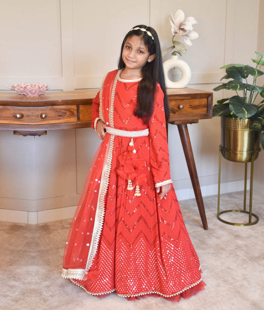Manufactured by FAYON KIDS (Noida, U.P) Red Embroidered Anarkali for Girls