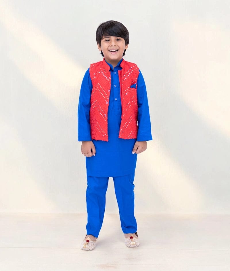 Manufactured by FAYON KIDS (Noida, U.P) Red Faux Mirror Jacket Set