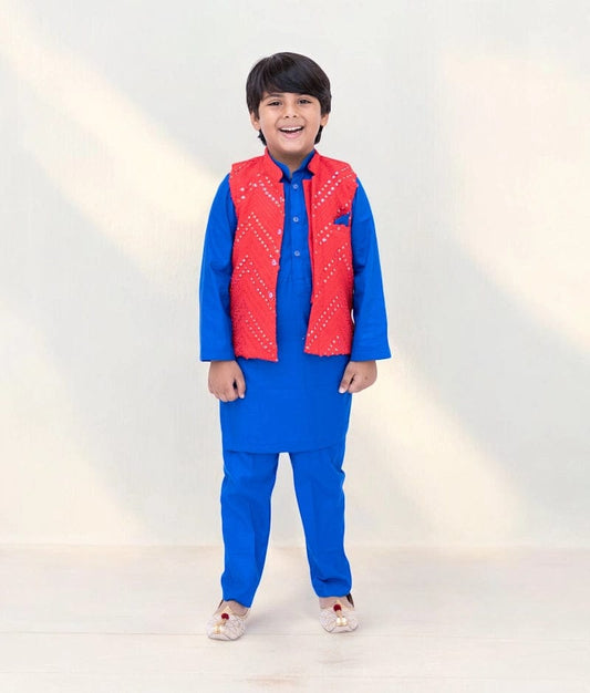 Manufactured by FAYON KIDS (Noida, U.P) Red Faux Mirror Jacket Set
