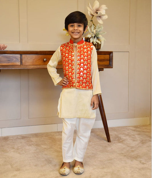 Manufactured by FAYON KIDS (Noida, U.P) Red Golden Embroidery Jacket with Golden Kurta Chudidar for Boys