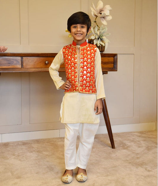 Red Golden Embroidery Jacket with Golden Kurta Chudidar for Boys