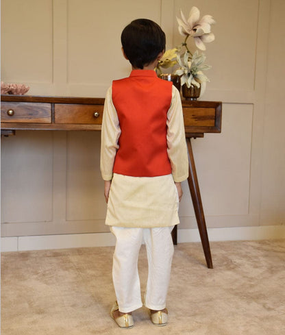 Manufactured by FAYON KIDS (Noida, U.P) Red Golden Embroidery Jacket with Golden Kurta Chudidar for Boys