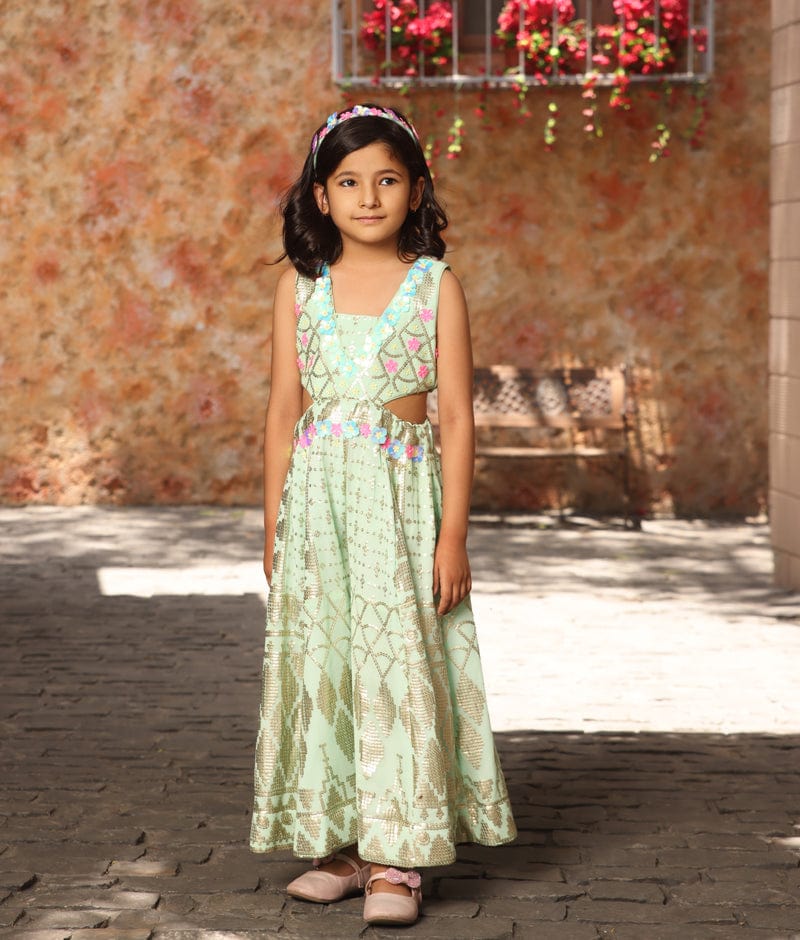 Manufactured by FAYON KIDS (Noida, U.P) Sea Green Sequence Embroidery Jumpsuit for Girls