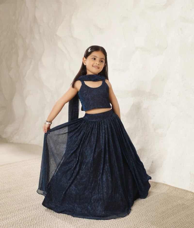 Manufactured by FAYON KIDS (Noida, U.P) Sparkling Elegance- Blue Pleated Lehenga Choli Set