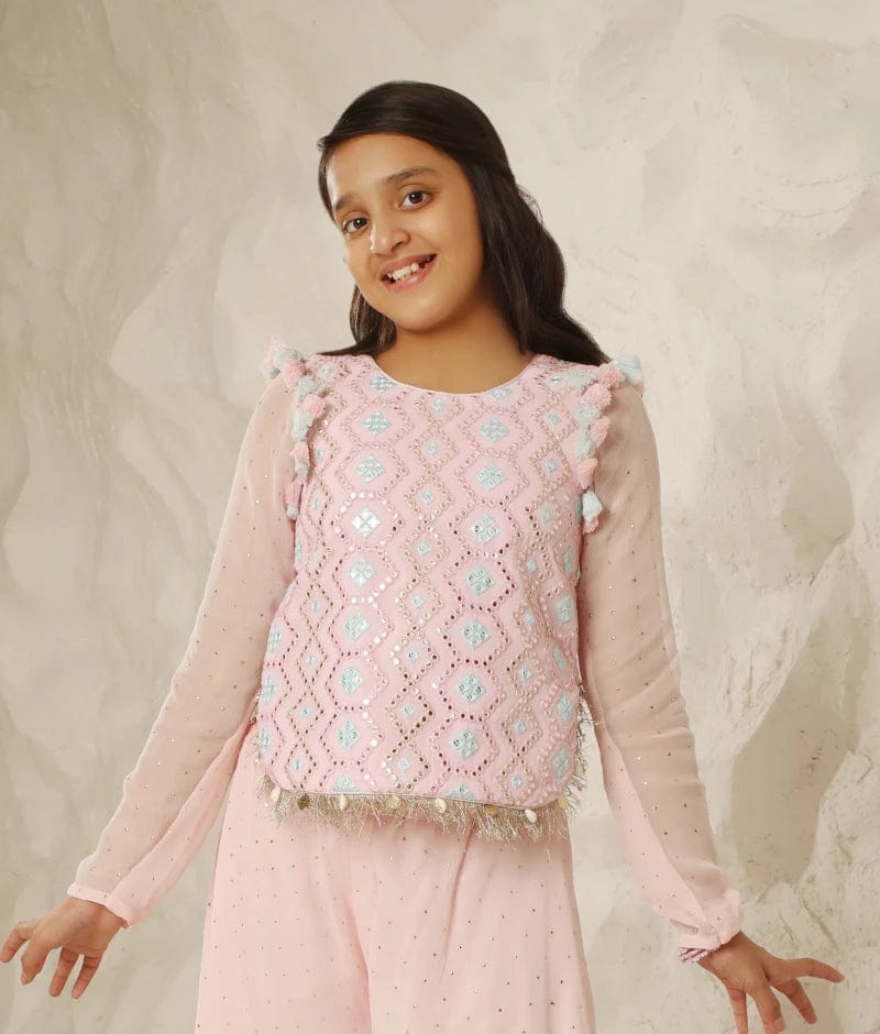 Manufactured by FAYON KIDS (Noida, U.P) Sparkling Grace: Baby Pink Mirror-Embroidered Set