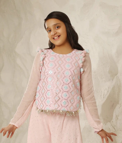 Manufactured by FAYON KIDS (Noida, U.P) Sparkling Grace: Baby Pink Mirror-Embroidered Set