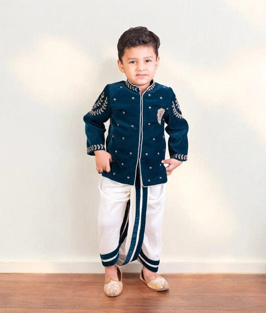 Manufactured by FAYON KIDS (Noida, U.P) Teal Blue Embroidered Bandgala Set