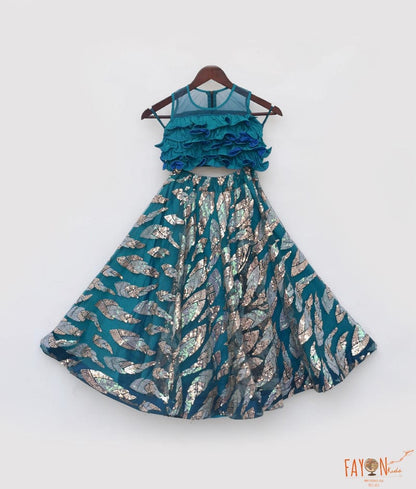 Manufactured by FAYON KIDS (Noida, U.P) Teal Blue Embroidered Lehenga Choli for Girls