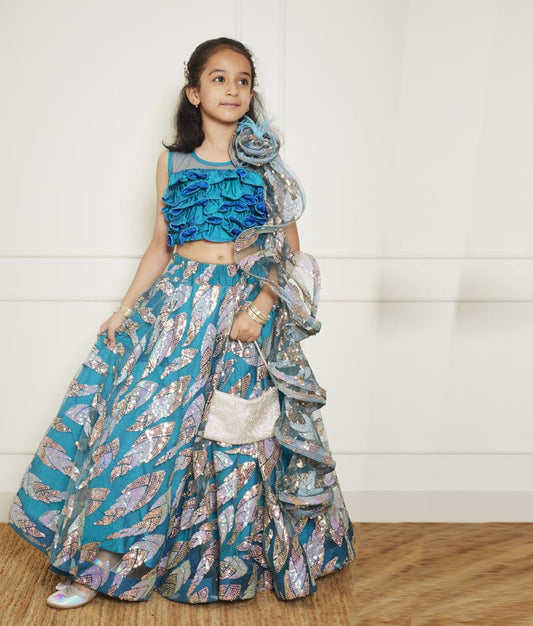 Manufactured by FAYON KIDS (Noida, U.P) Teal Blue Embroidered Lehenga Choli for Girls