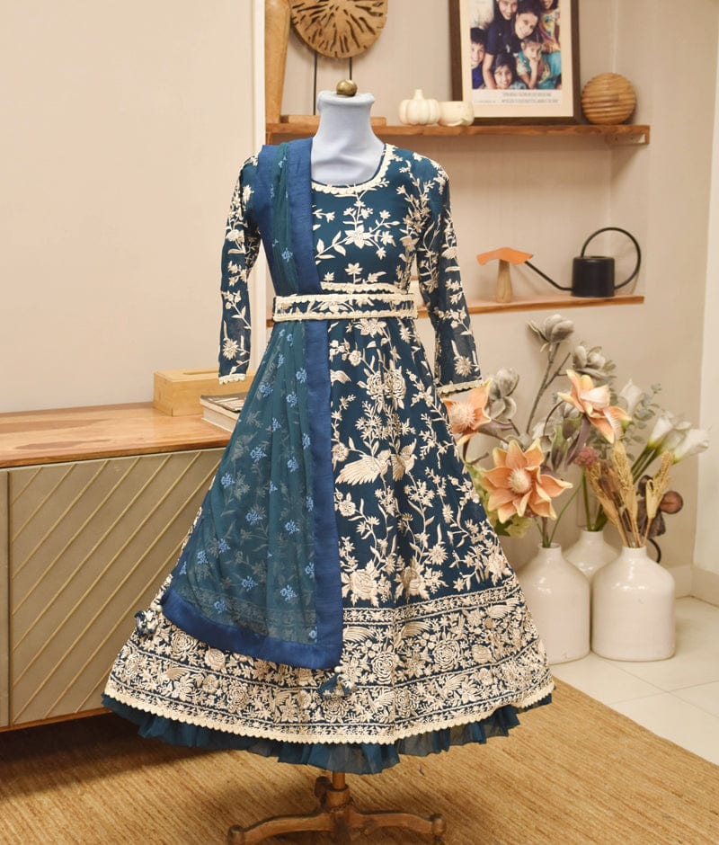 Manufactured by FAYON KIDS (Noida, U.P) Teal Blue Parsi work Anarkali