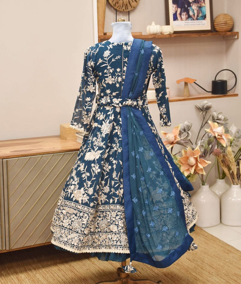 Manufactured by FAYON KIDS (Noida, U.P) Teal Blue Parsi work Anarkali