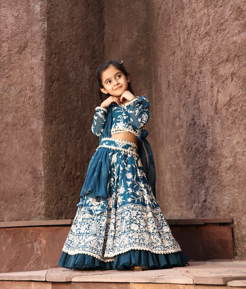 Manufactured by FAYON KIDS (Noida, U.P) Teal Blue Parsi work Lehenga Choli for Girls