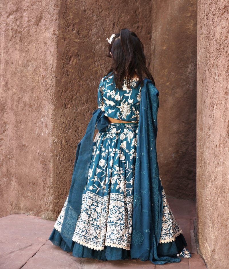 Manufactured by FAYON KIDS (Noida, U.P) Teal Blue Parsi work Lehenga Choli for Girls