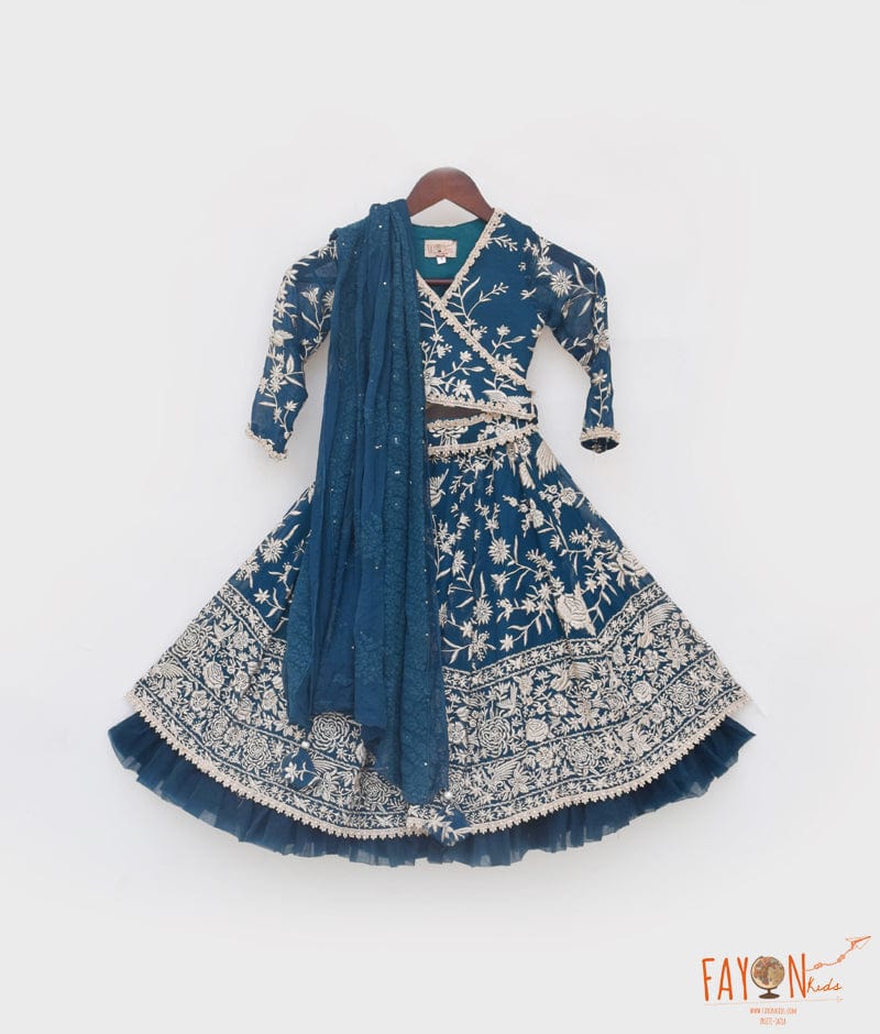 Manufactured by FAYON KIDS (Noida, U.P) Teal Blue Parsi work Lehenga Choli for Girls