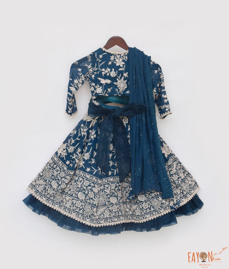 Manufactured by FAYON KIDS (Noida, U.P) Teal Blue Parsi work Lehenga Choli for Girls