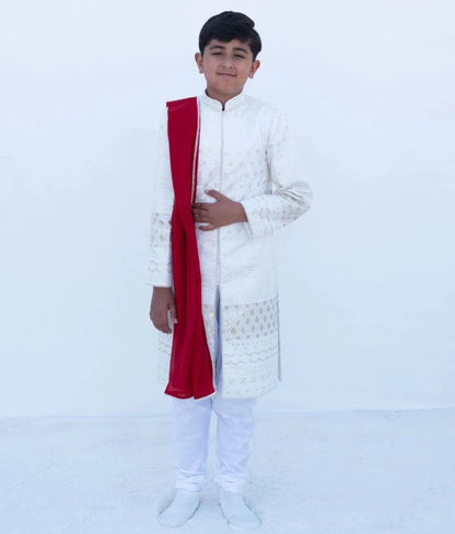 Manufactured by FAYON KIDS (Noida, U.P) White Embroidered Sherwani Set