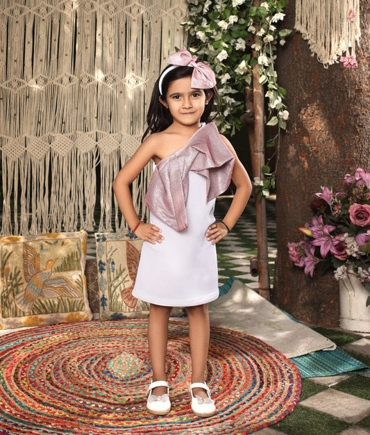 Manufactured by FAYON KIDS (Noida, U.P) White Lycra Dress with Shimmer Bow for Girls