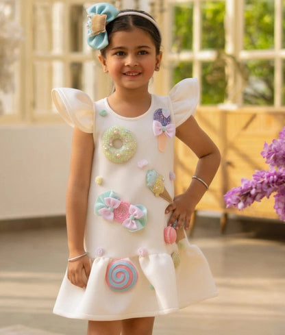 Manufactured by FAYON KIDS (Noida, U.P) White Neoprene Motif Dress
