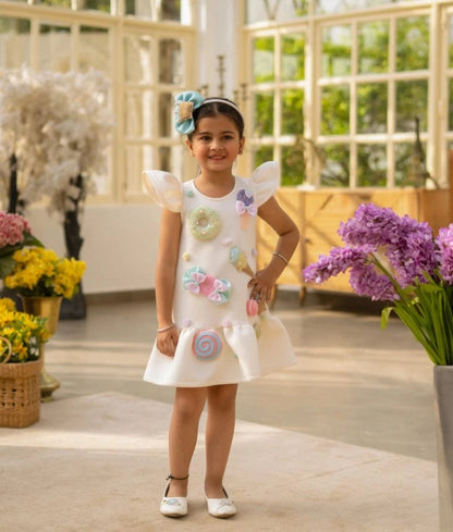 Manufactured by FAYON KIDS (Noida, U.P) White Neoprene Motif Dress