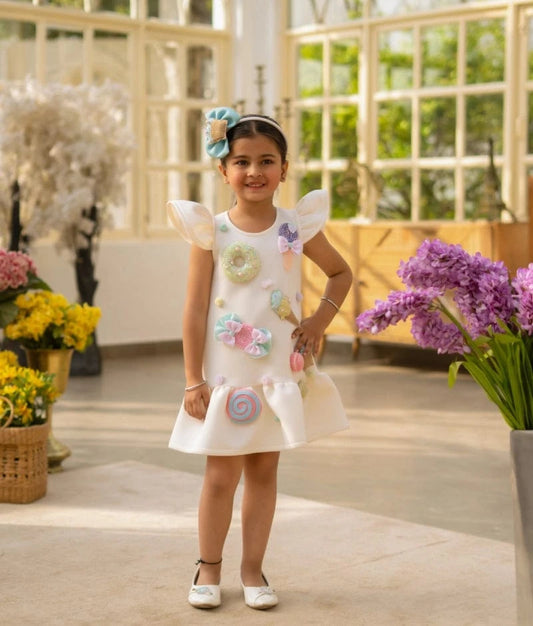 Manufactured by FAYON KIDS (Noida, U.P) White Neoprene Motif Dress