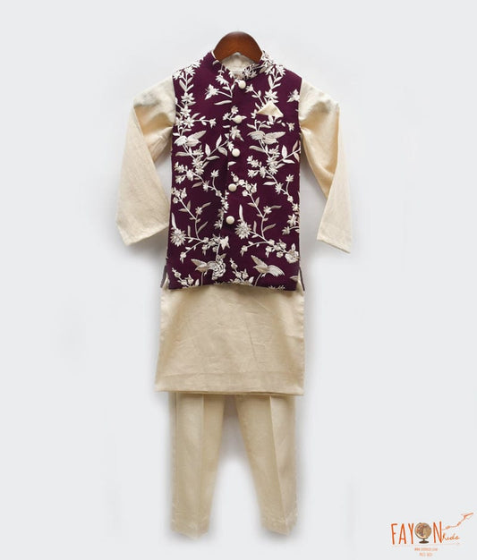 Manufactured by FAYON KIDS (Noida, U.P) Wine Embroidery Jacket with Kurta and Pant