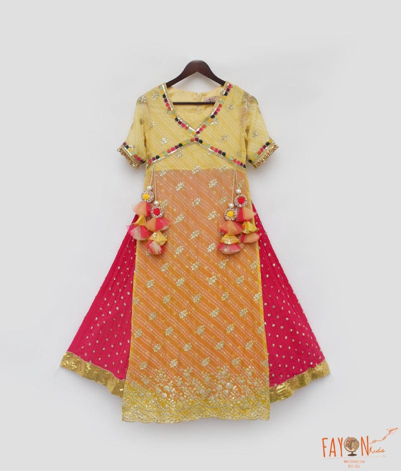 Manufactured by FAYON KIDS (Noida, U.P) Yellow Bandhaj Kurti with Crinkle Skirt for Girls