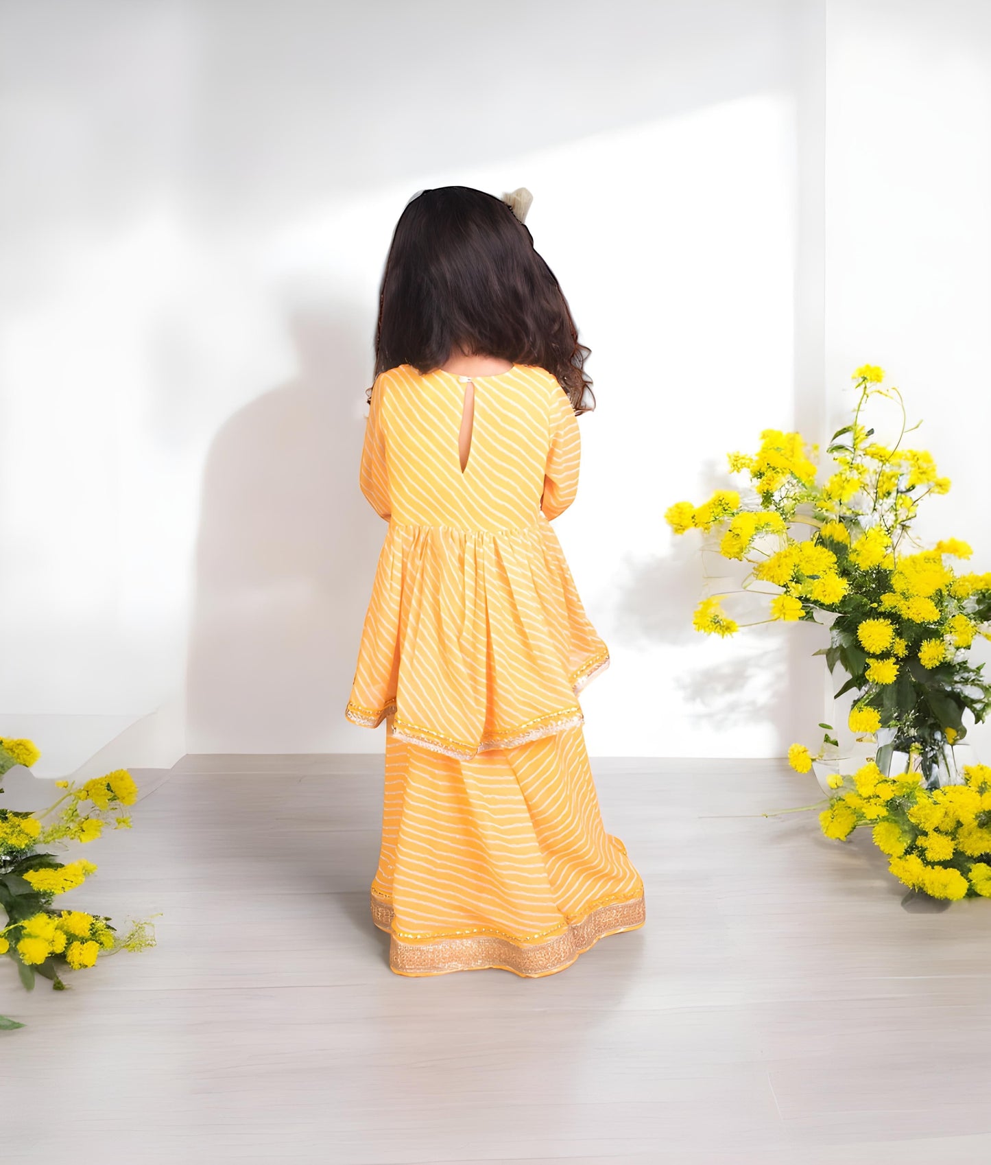 Manufactured by FAYON KIDS (Noida, U.P) Yellow Bandhej Peplum Kurti with Bandhej Sharara