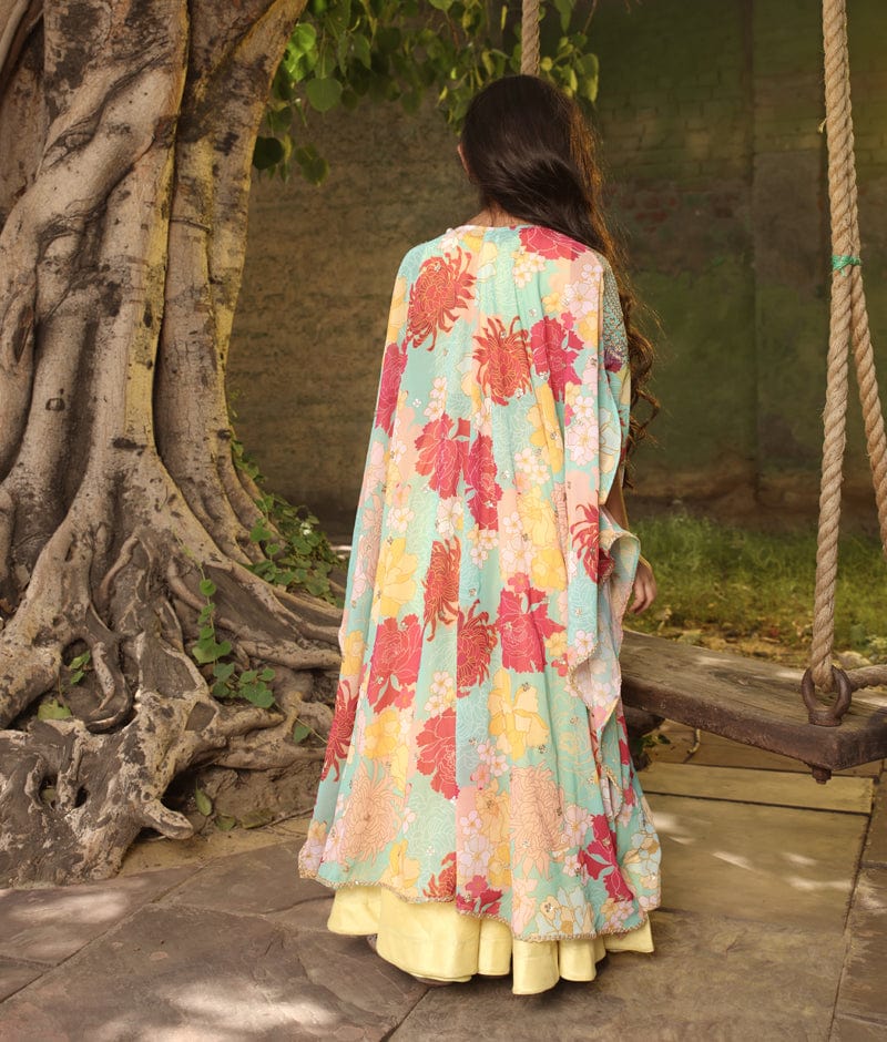 Manufactured by FAYON KIDS (Noida, U.P) Yellow Crop Top with Pant and Printed Cape for Girls