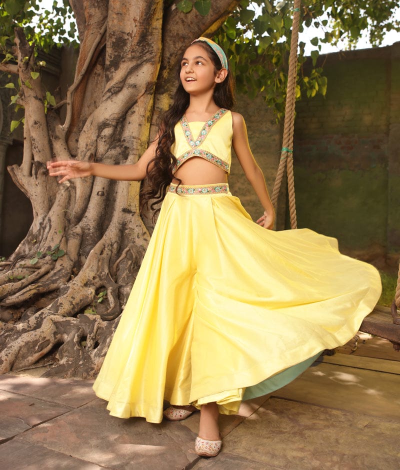 Manufactured by FAYON KIDS (Noida, U.P) Yellow Crop Top with Pant and Printed Cape for Girls