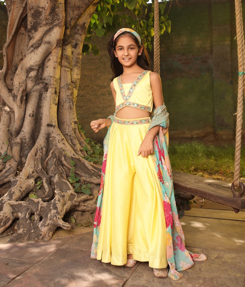 Manufactured by FAYON KIDS (Noida, U.P) Yellow Crop Top with Pant and Printed Cape for Girls