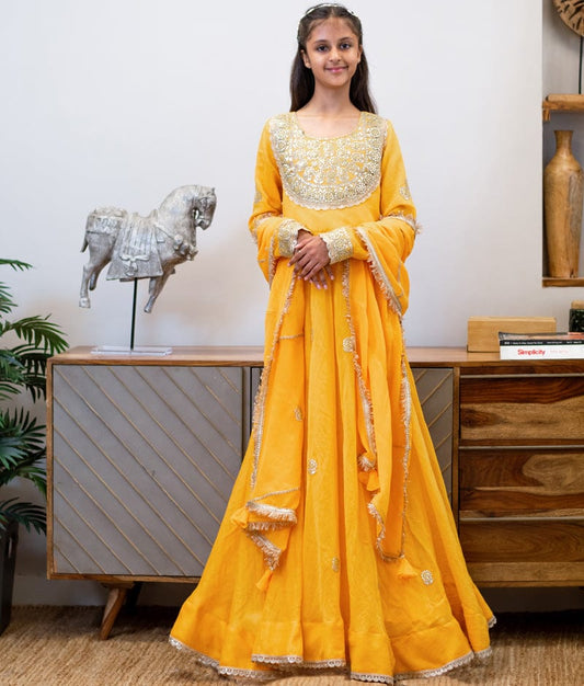 Manufactured by FAYON KIDS (Noida, U.P) Yellow Embroidered Anarkali